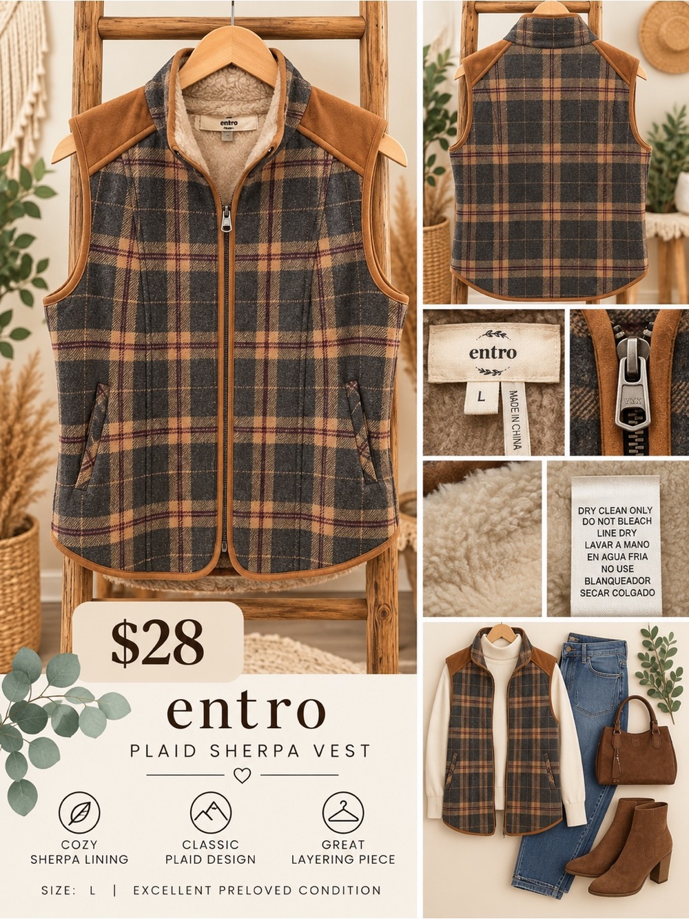 entro Plaid Sherpa Vest in Brown and Gray with Tan Accents